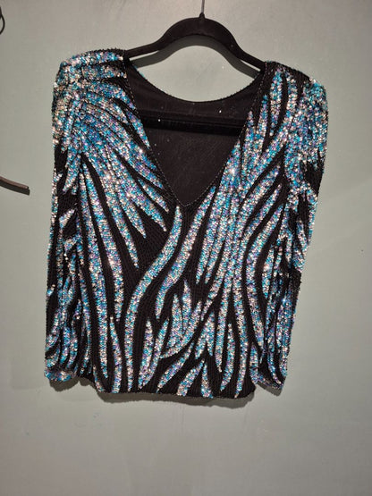 Silver, Blue, & Black Oleg Cassini Sequin Blouse, S