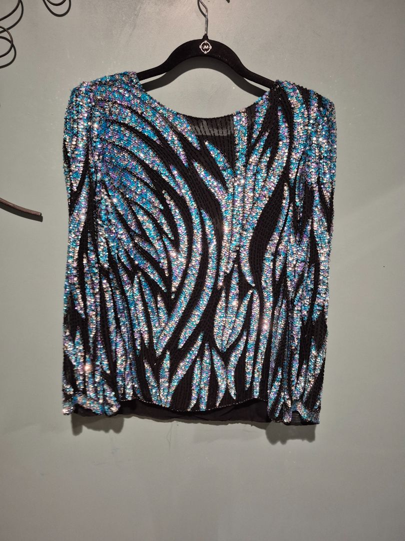 Silver, Blue, & Black Oleg Cassini Sequin Blouse, S