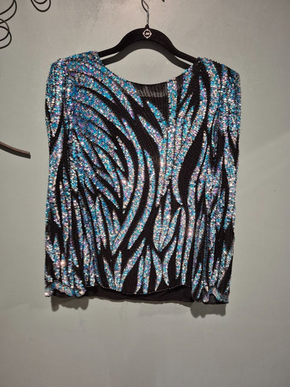 Silver, Blue, & Black Oleg Cassini Sequin Blouse, S