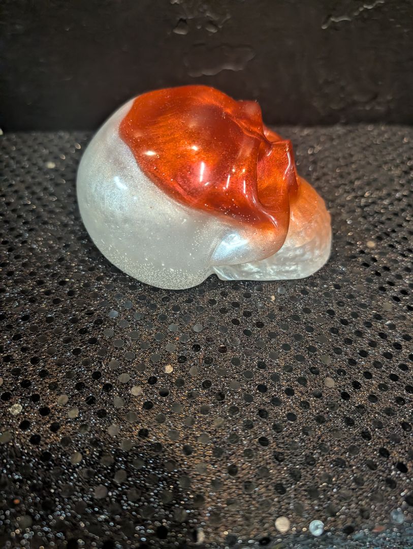 White w/Red Face Handmade Resin Skull, 3" x 4.5" × 2.5"