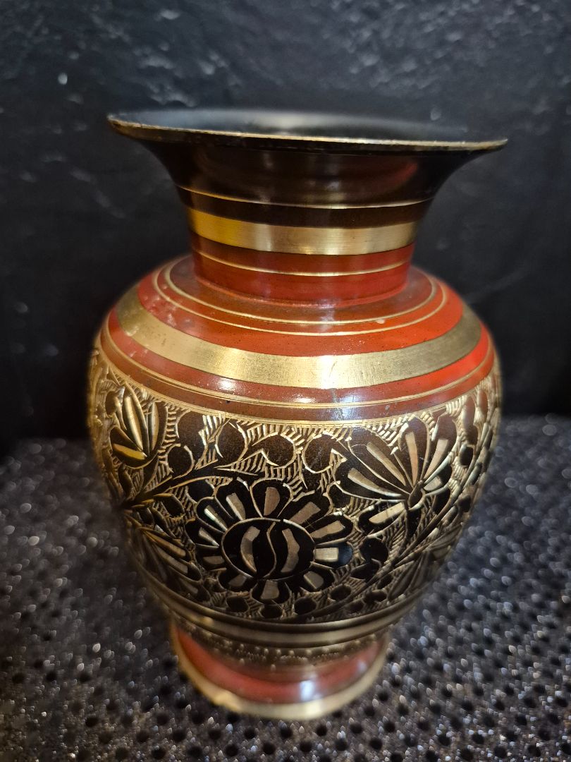 Brass Etched Vase, 9"