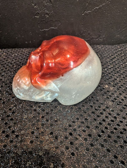 White w/Red Face Handmade Resin Skull, 3" x 4.5" × 2.5"