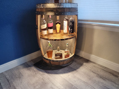 Natural Aged Oak  Upcycled Whiskey Barrel Shelf with LED Lights, 36 Inches tall, 24 Inches Wide