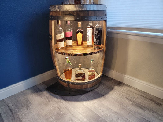 Natural Aged Oak  Upcycled Whiskey Barrel Shelf with LED Lights, 36 Inches tall, 24 Inches Wide