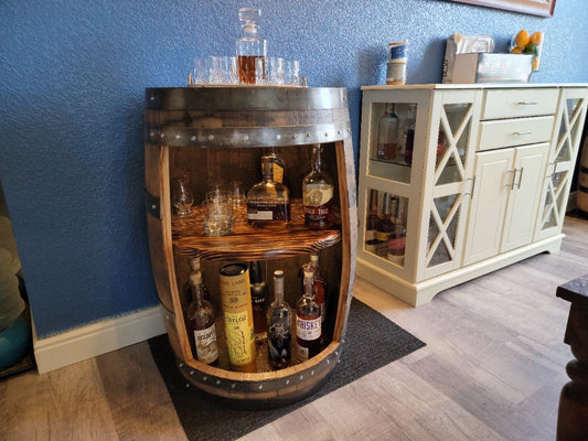 Natural Aged Oak  Upcycled Whiskey Barrel Shelf with LED Lights, 36 Inches tall, 24 Inches Wide