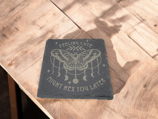 Black  Feeling Cute Slate Coaster, 4 inch by 4 inch