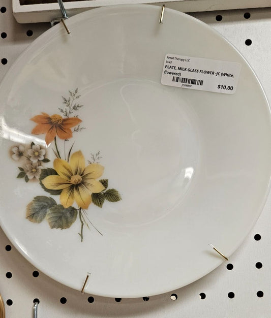 PLATE, MILK GLASS FLOWER -JC (White, flowered)