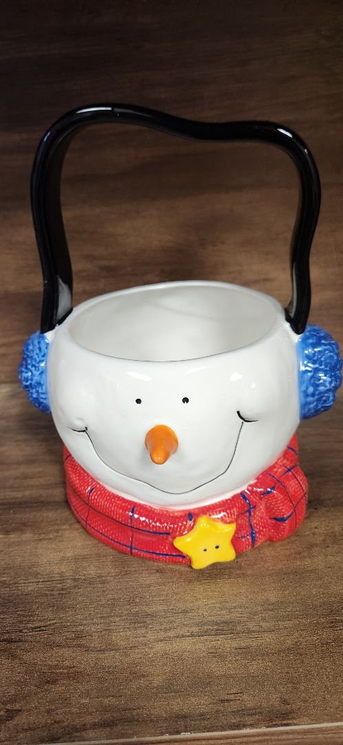 Ceramic Snowman candy dish with handle