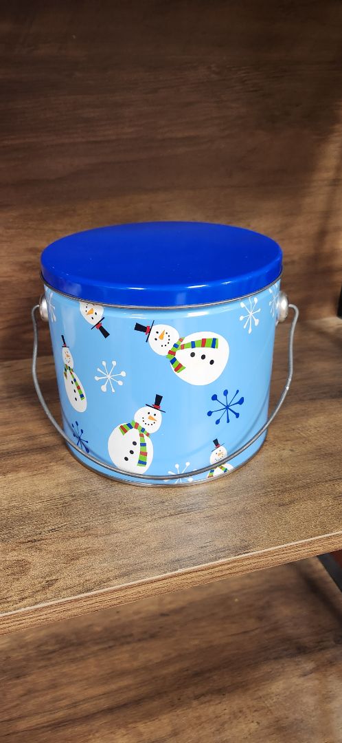 blue  Metal snowman bucket with lid Approx 6" tall