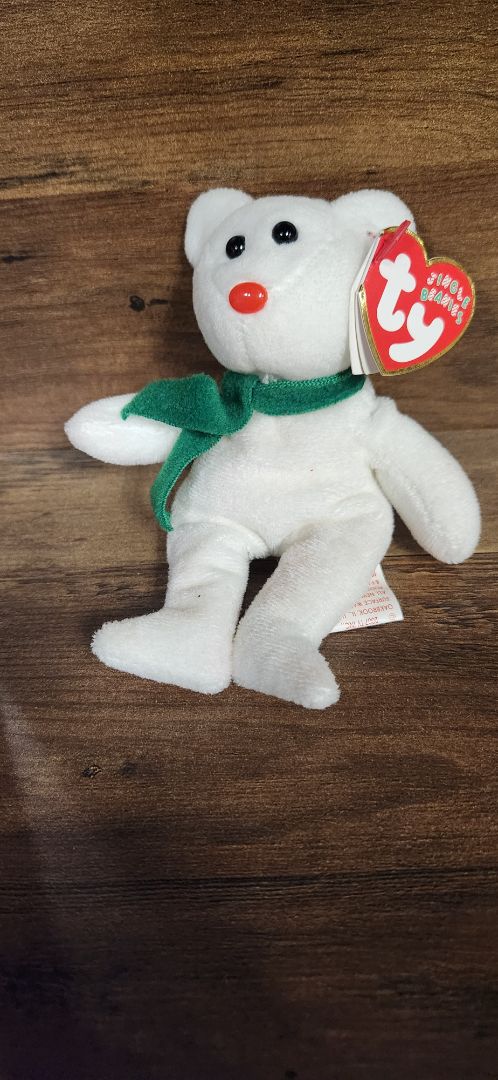 white TY Ty white Beanie baby bear with green scarf
