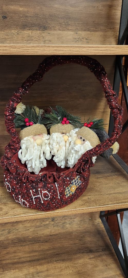Dark Red Fabric basket with 3 gnomes