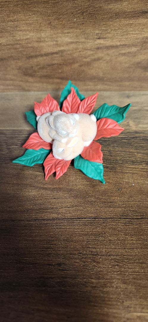 Hallmark Two bunnies sleeping on poinsettia clip ornament