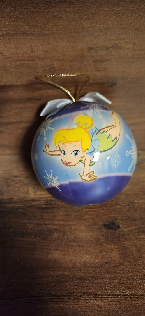 Disney Tinkerbell round ornament with purple and blue and snowflakes