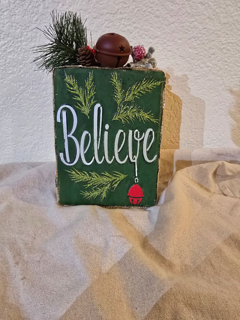 Green Handmade Christmas "Believe" Block, 4.5 x 7.5 x 1.5