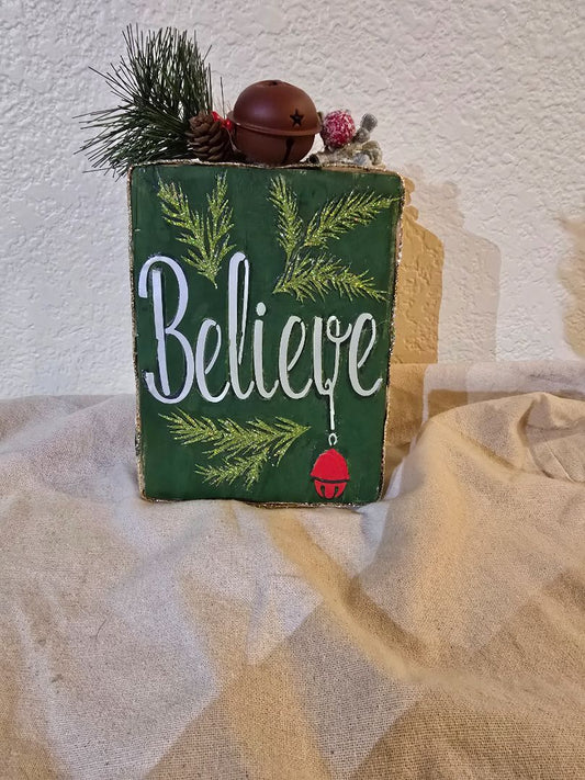 Green Handmade Christmas "Believe" Block, 4.5 x 7.5 x 1.5