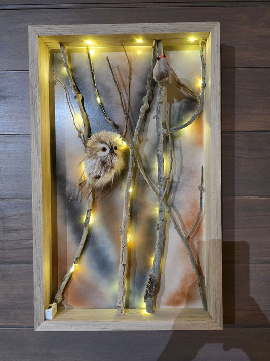 Orange Bird Handmade Aspen Owl Framed Box "The Watcher and the Wanderer", 22 x 13 .5 x 2