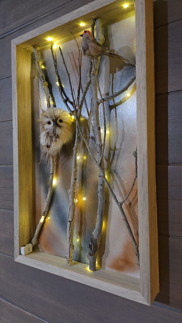 Orange Bird Handmade Aspen Owl Framed Box "The Watcher and the Wanderer", 22 x 13 .5 x 2