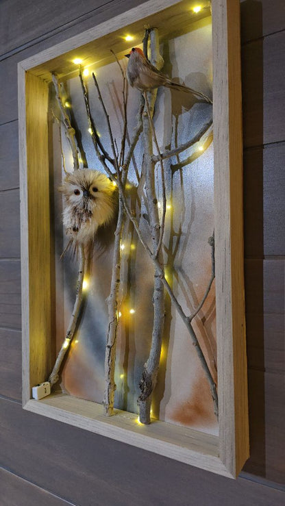 Orange Bird Handmade Aspen Owl Framed Box "The Watcher and the Wanderer", 22 x 13 .5 x 2