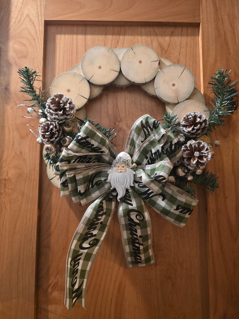 Green Handmade Christmas Wood Slice Wreath, 16 x 16