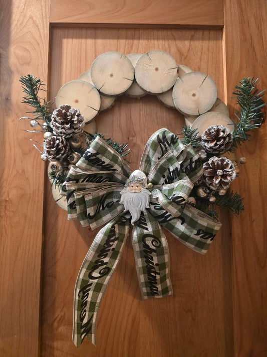 Green Handmade Christmas Wood Slice Wreath, 16 x 16