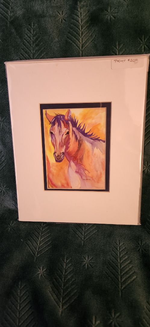 Matted print of horse at sunset, 8" x 10"