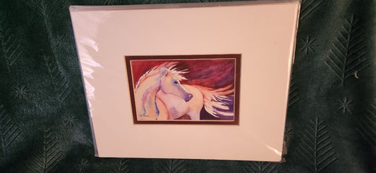 Matted print of watercolor horse looking back, 8" x 10"