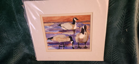 Matted orginal painting of 3 geese on the water, 10" x 9"