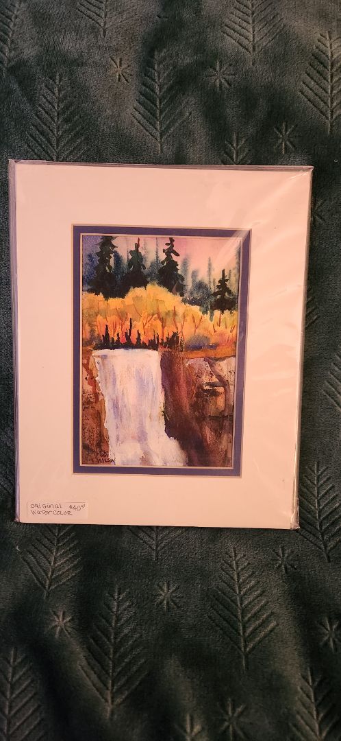 Matted original watercolor painting of Fall foliage and waterfall, 8" x 10"