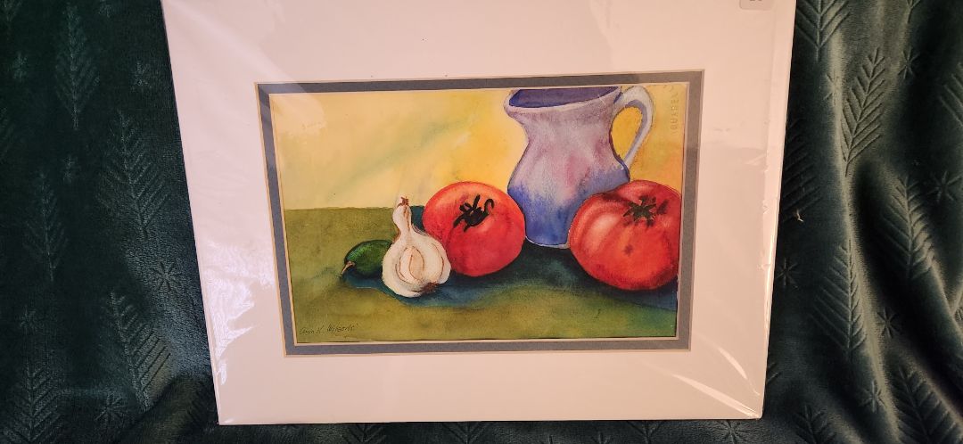 Matted still life, veggies & pitcher, 14" x 11"