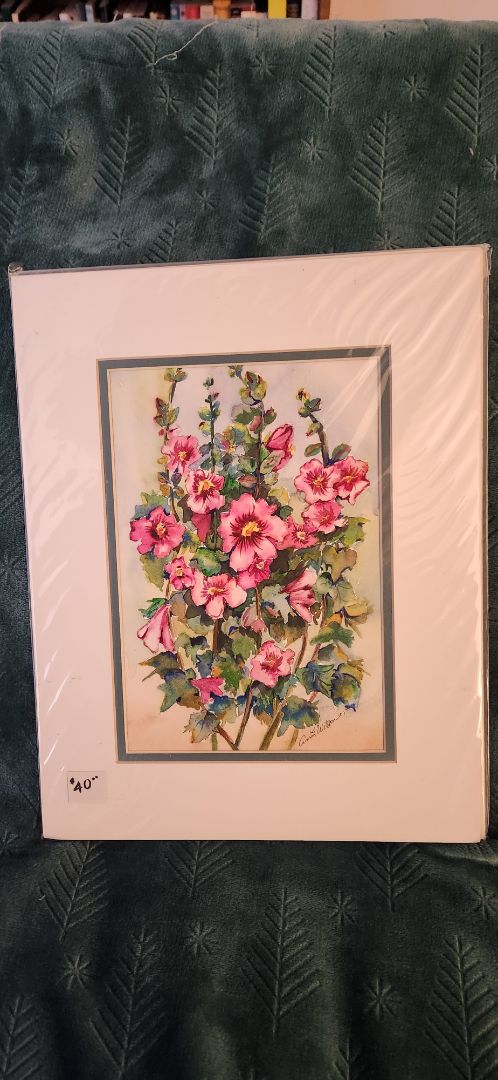 Original, matted water color painting of pink Hollyhocks, 14" x 11"