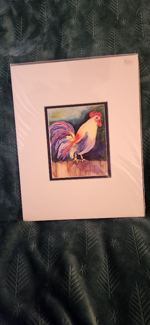 Matted print of Rooster of many colors on fence, 14" x 11"