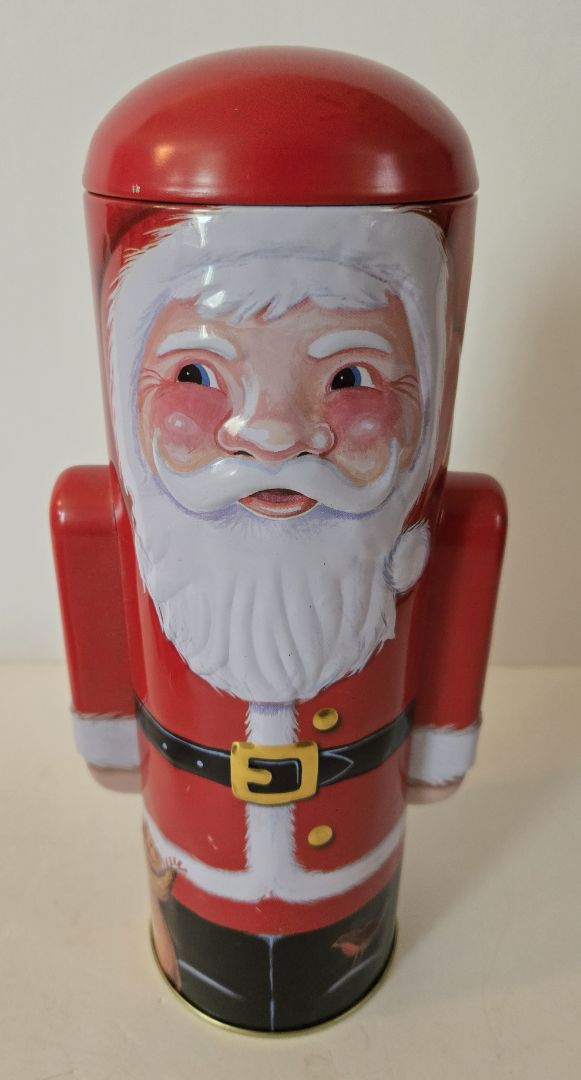 Standing Holiday Santa-shaped tin