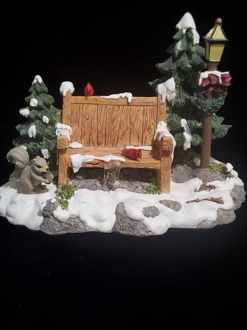 Snow village by Studio 56 Mill creek park bench