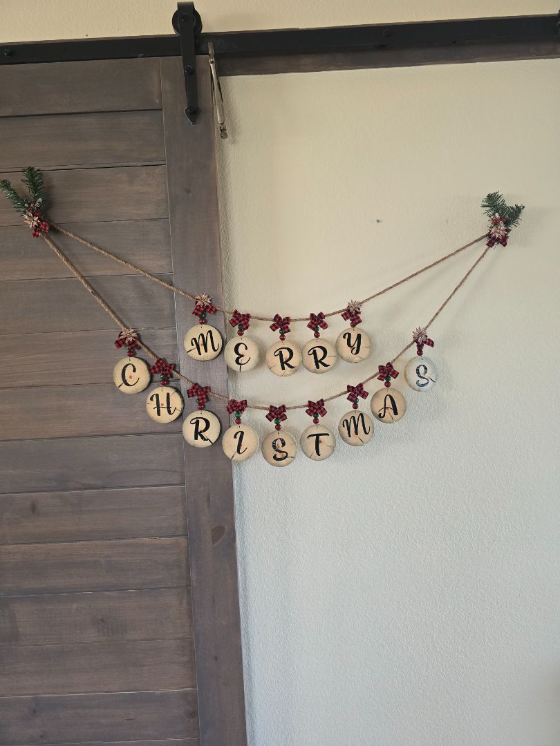 Red Handmade Wood Slice Holiday Garland, 65 inches long
