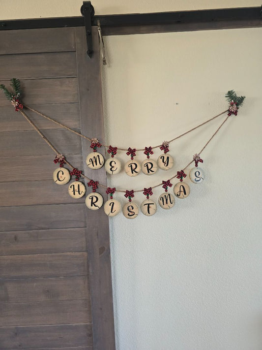 Red Handmade Wood Slice Holiday Garland, 65 inches long