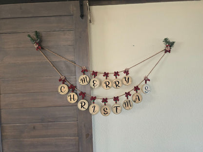 Red Handmade Wood Slice Holiday Garland, 65 inches long
