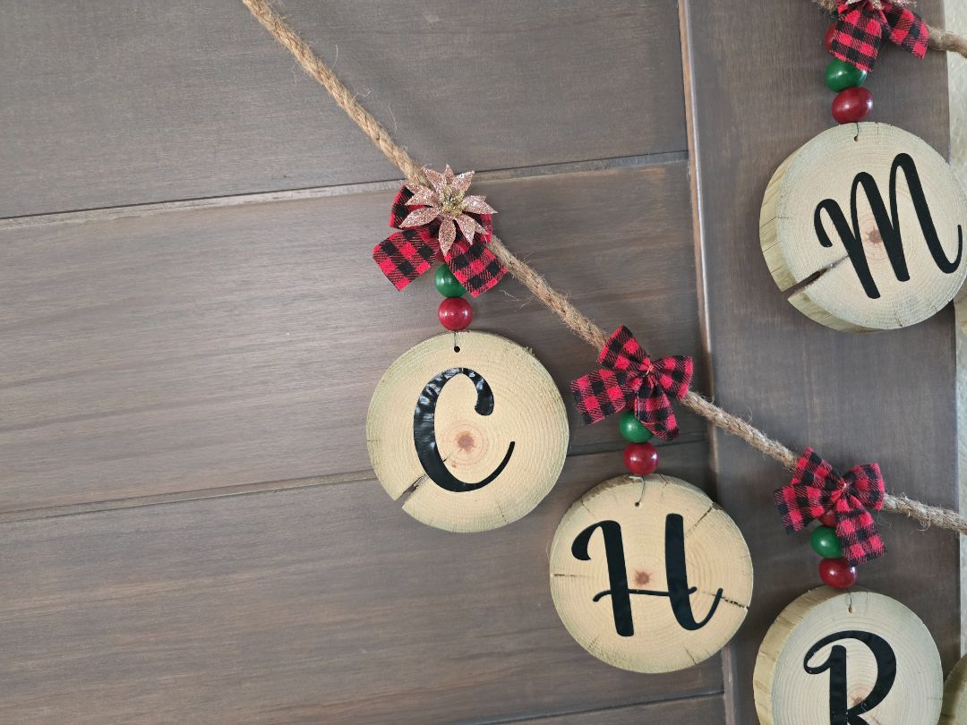 Red Handmade Wood Slice Holiday Garland, 65 inches long