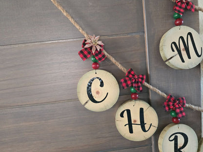 Red Handmade Wood Slice Holiday Garland, 65 inches long