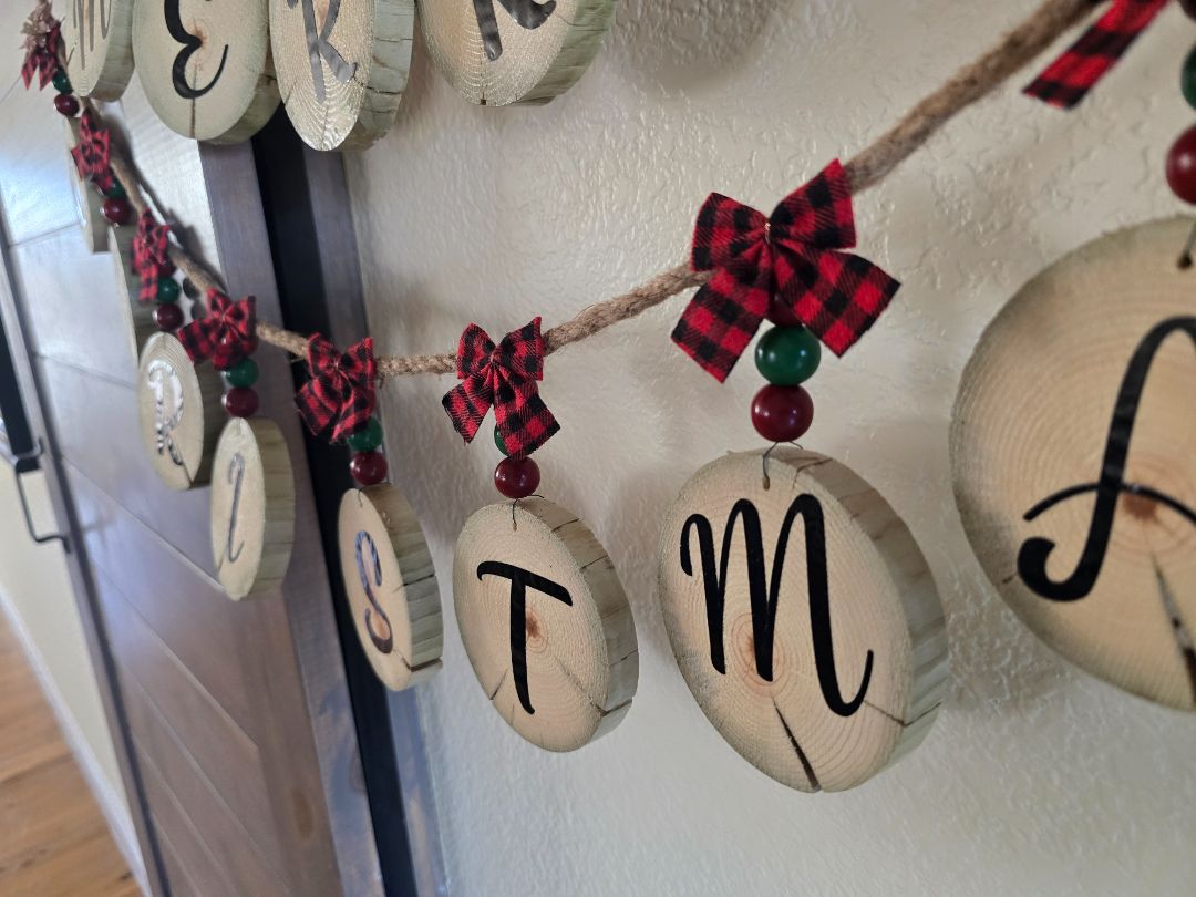 Red Handmade Wood Slice Holiday Garland, 65 inches long