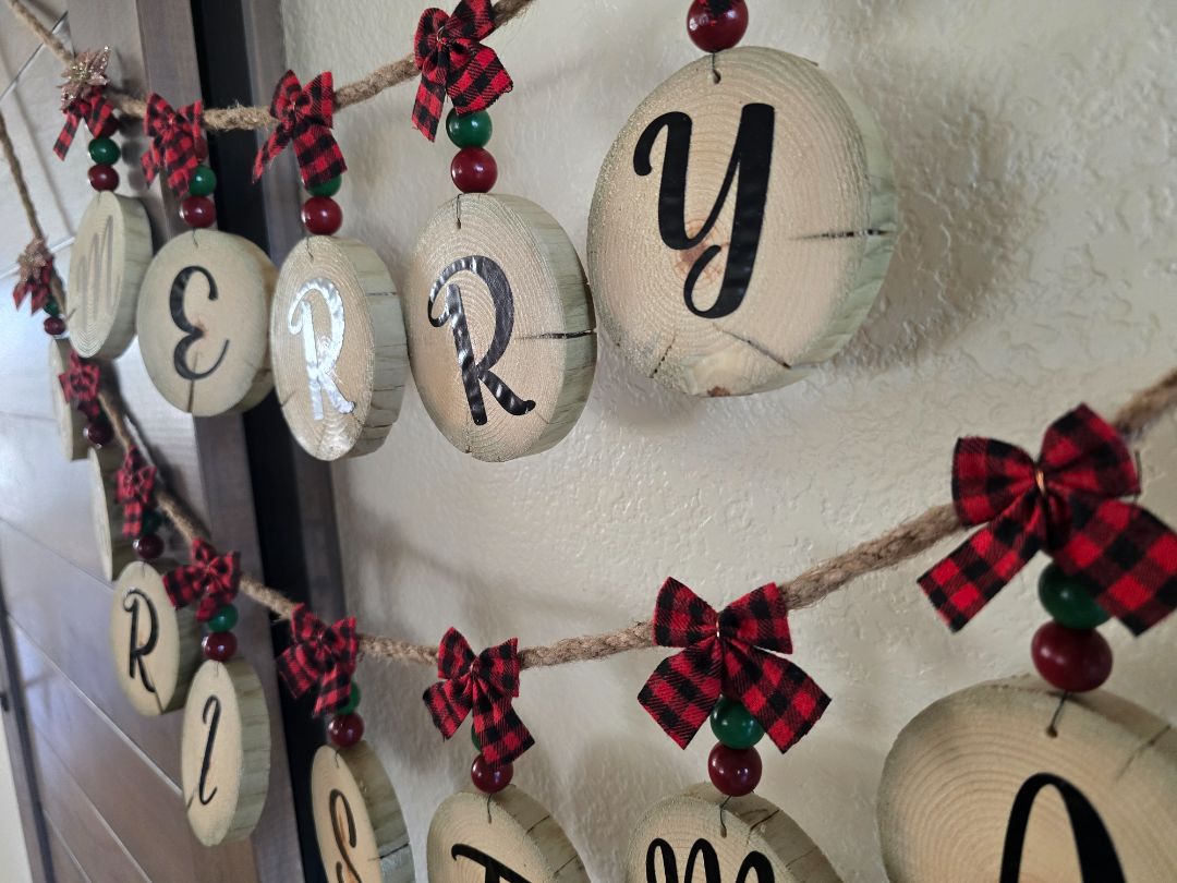 Red Handmade Wood Slice Holiday Garland, 65 inches long