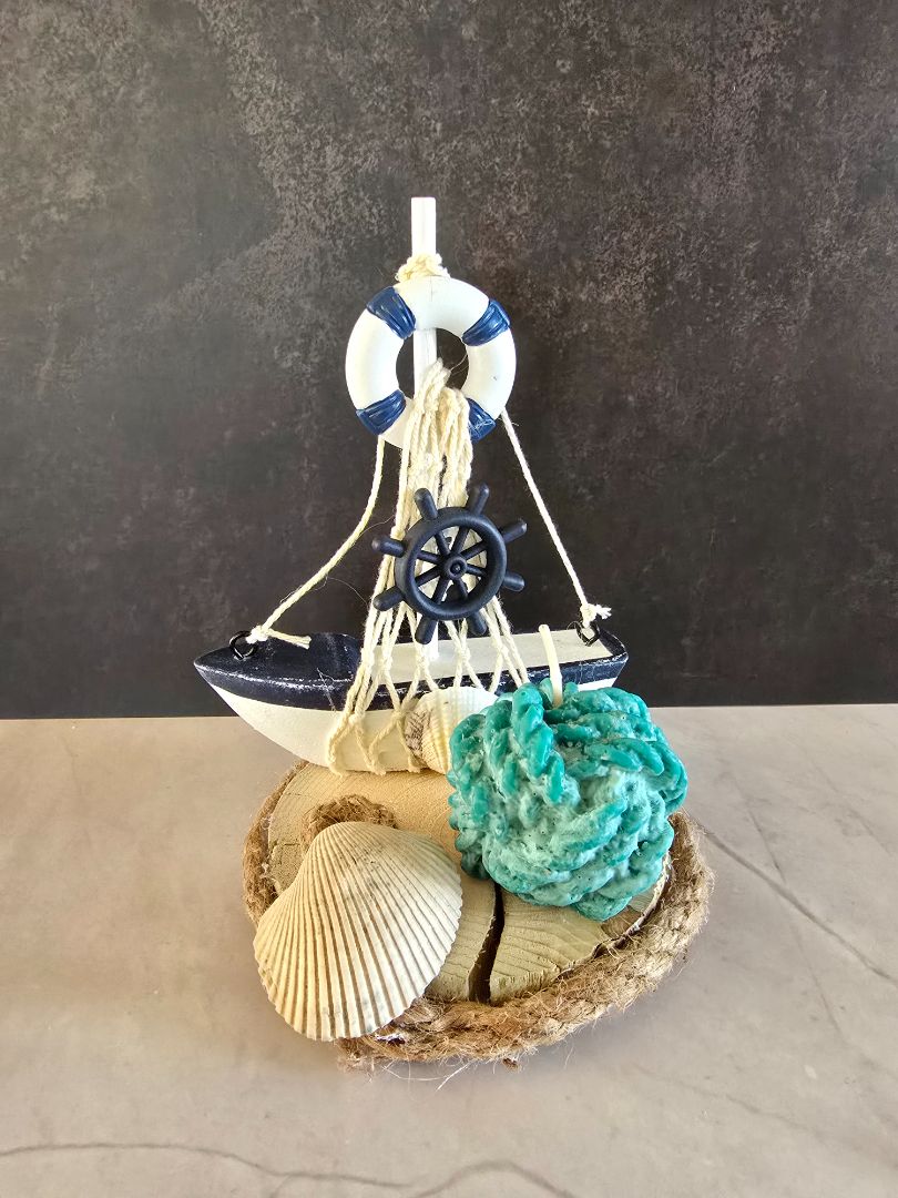 Turquoise Handmade Nautical Wood Slice Candle, 6 x 4