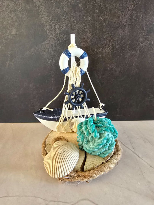 Turquoise Handmade Nautical Wood Slice Candle, 6 x 4