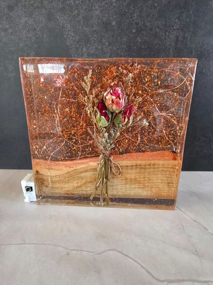 red Handmade Square Resin Flower w/ lights, 5.75 x 5.75