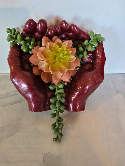 Burgandy and Green Handmade Resin Offering Hands