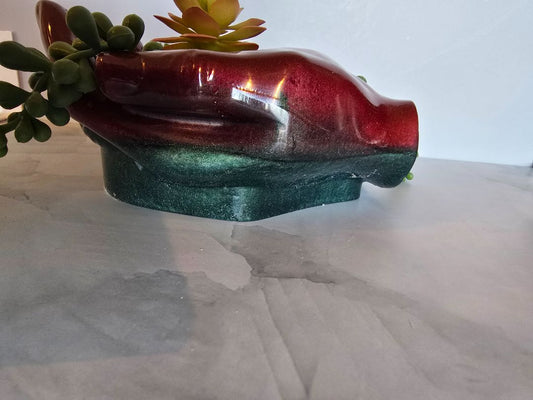 Burgandy and Green Handmade Resin Offering Hands