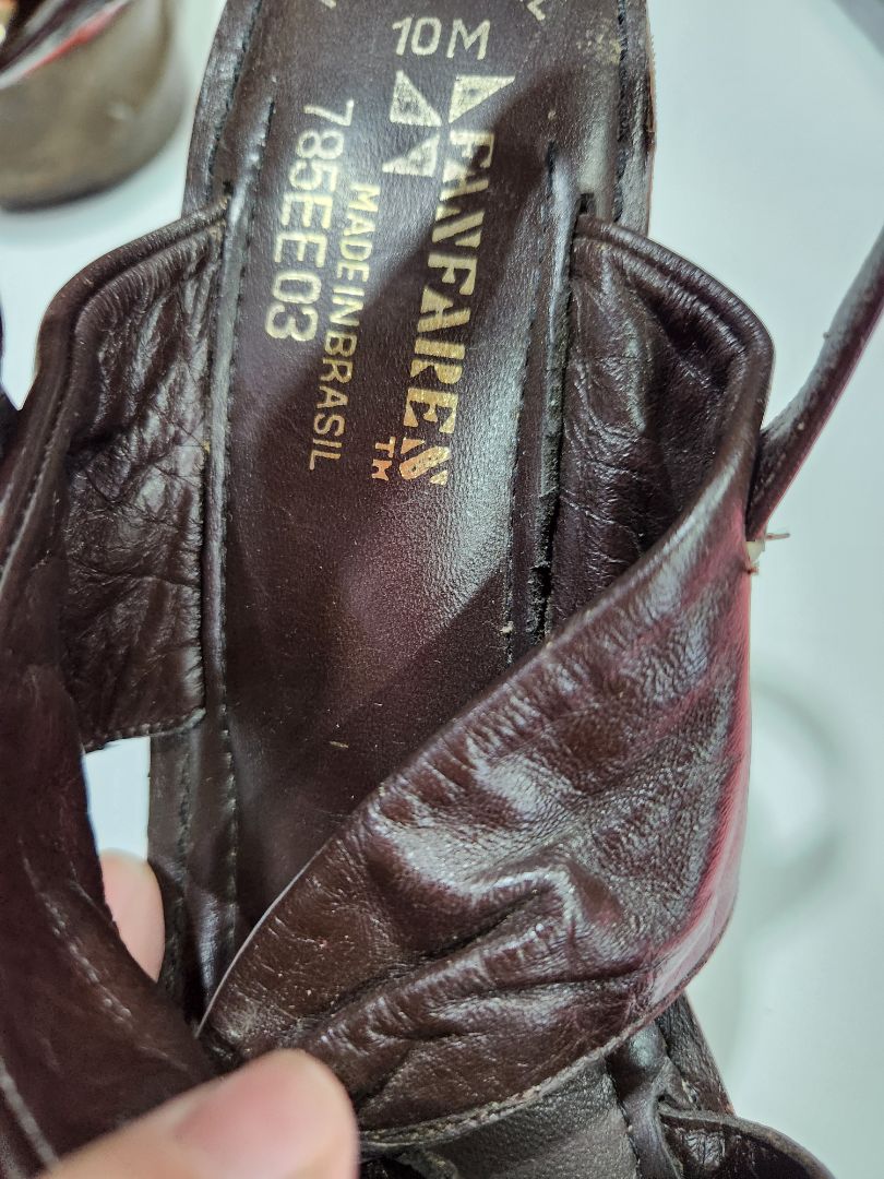 Dark Brown Fanfare Pede- Brazil 70's Dk Brown Leather/wood sandels, 9