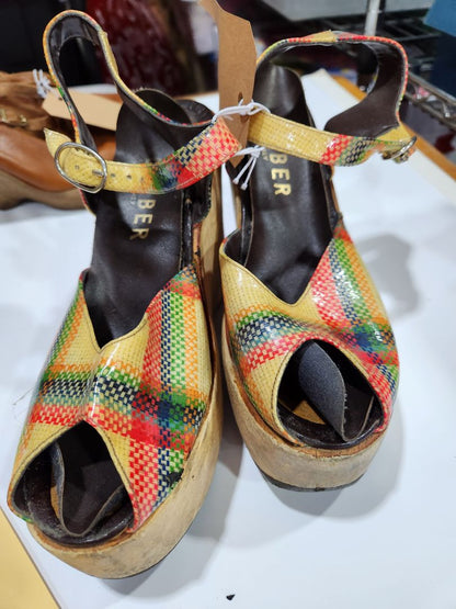 Neon Plaid Carber 90's Wedge Sandals- plaid, 9