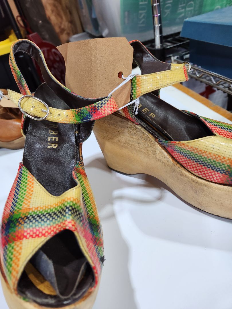 Neon Plaid Carber 90's Wedge Sandals- plaid, 9