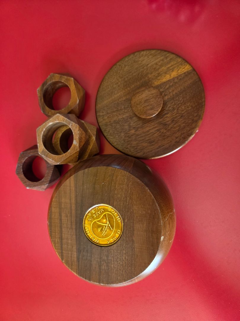 mid century black walnut sm bowl/napkin holders