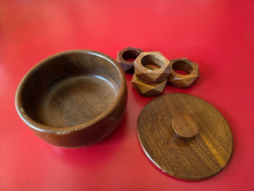 mid century black walnut sm bowl/napkin holders
